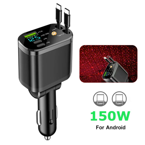 150W Car Charger PD30W Car Cigarette Lighter Adapter Voltage Display With Retractable Cable Fast Charger 22.5W For IOS Android